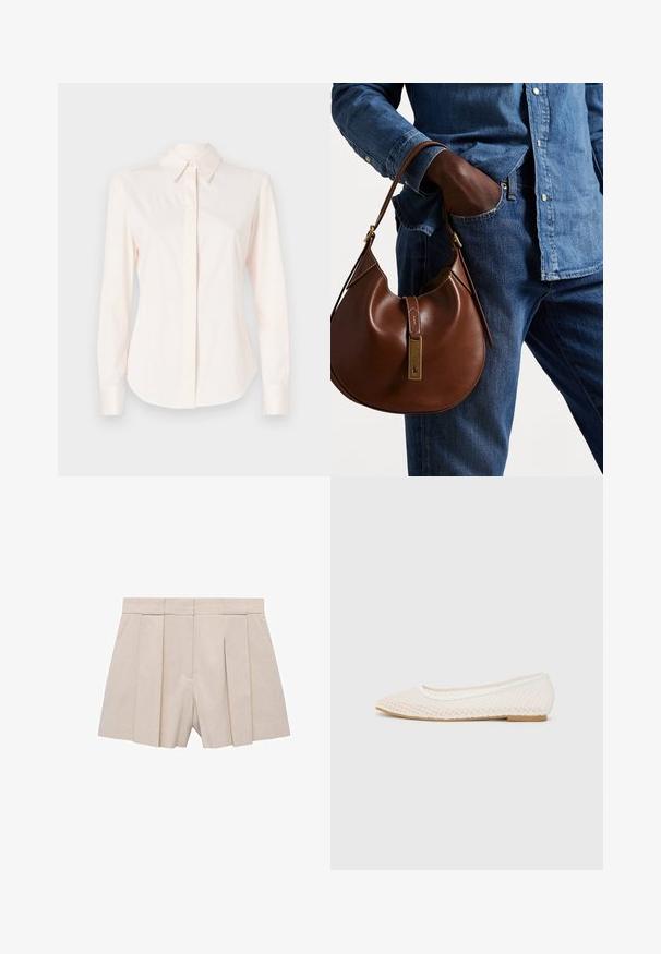 Camicia a maniche lunghe rosa chiaro realizzata in tessuto liscio, con colletto classico e patta con bottoni, polsini aderenti e una forma sagomata.; Pantaloni beige plissettati con design sartoriale, caratterizzati da un alto vita e una texture morbida. Quattro plissettature frontali creano volume. Senza tasche.; Scarpa piatta bianca con design in rete, punta affilata e suola bassa e piatta. Parte superiore testurizzata con fodera liscia e delicate rifiniture a contrasto.; Borsa hobo in pelle marrone con una forma arrotondata, dotata di dettagli in hardware dorato e cuciture a contrasto. Abbinata a una camicia di jeans e a un paio di jeans.