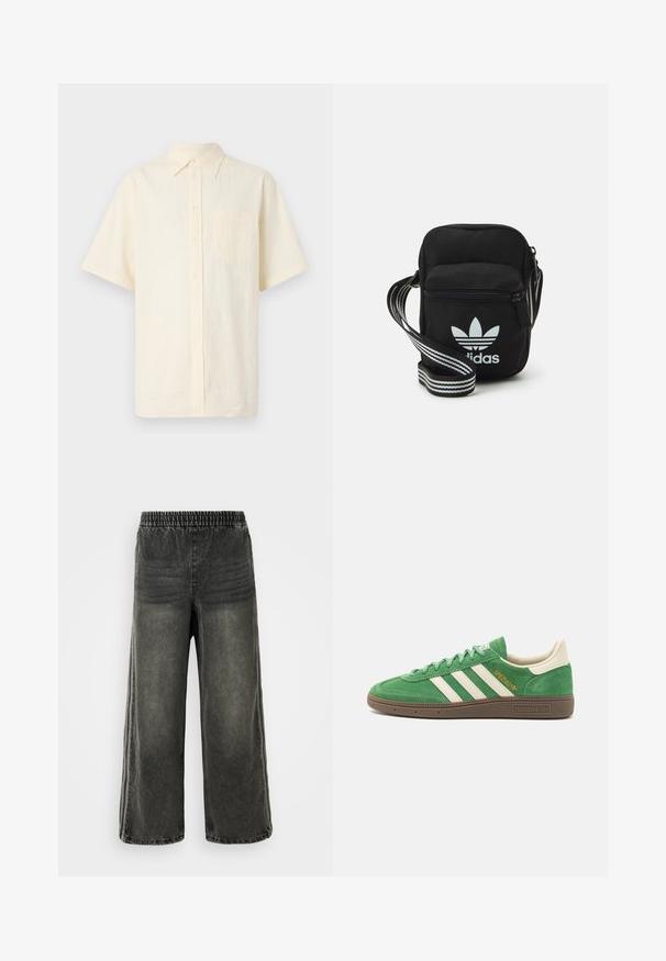 Rövid ujjú, világos krémszínű ing, textúrált anyagból készült, mellzsebbe és klasszikus gallérba szerelve.; Fekete mosott farmernadrág, elasztikus derékpánttal és széles lábakkal, finom függőleges varrásokkal az oldalán.; Zöld velúr tornacipő fehér háromcsíkos dizájnnal, krém színű kiegészítőkkel és barna textúrált talppal. Az oldalán aranyszínű hímzéssel szerepel a "SPEZIAL" felirat.; Fekete anyagú, keresztpántos táska cipzáras záródással, fehér Adidas logóval és csíkos állítható pánttal a könnyű hordozás érdekében.