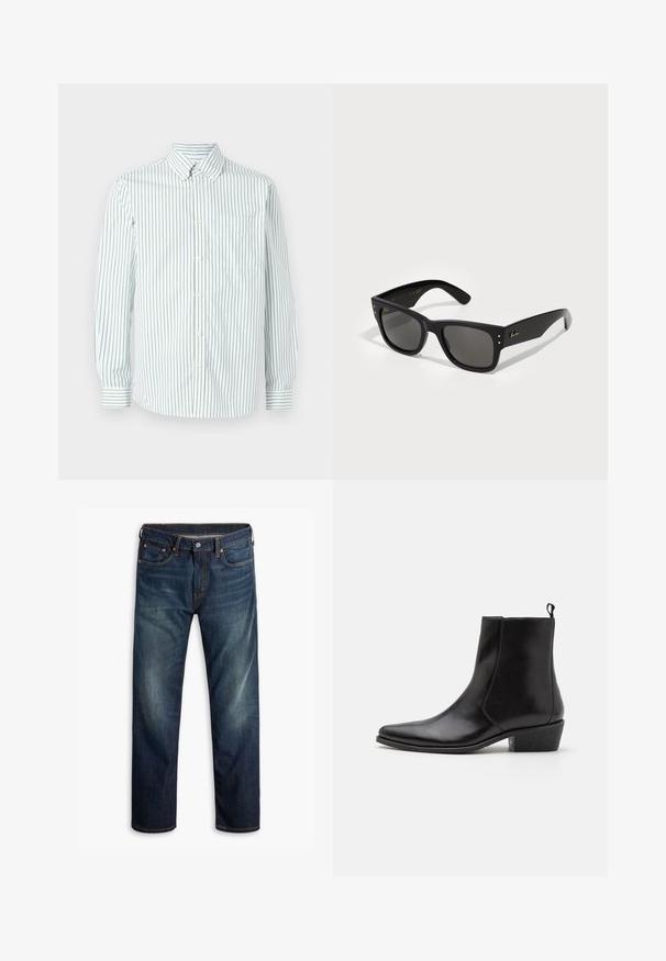 Les Deux KENT - Vapaa-ajan kauluspaita - white; AllSaints BRACE CREW - T-paita - CARTER GREY; Tummansininen farkkuteksti, jossa on lievää kulumista reisiä myöten, viisi taskua, nappikiinnitys ja näkyvää oranssia tikkausta valkoista taustaa vasten.; Zign LEATHER - Biker-/cowboynilkkurit - black; Musta aurinkosuoja, jonka neliömäinen kehys sisältää tummat linssit. Koristeltu pienillä kultaisilla pisteillä ja kultaisella logolla temppeleissä. Sujuva pinta.