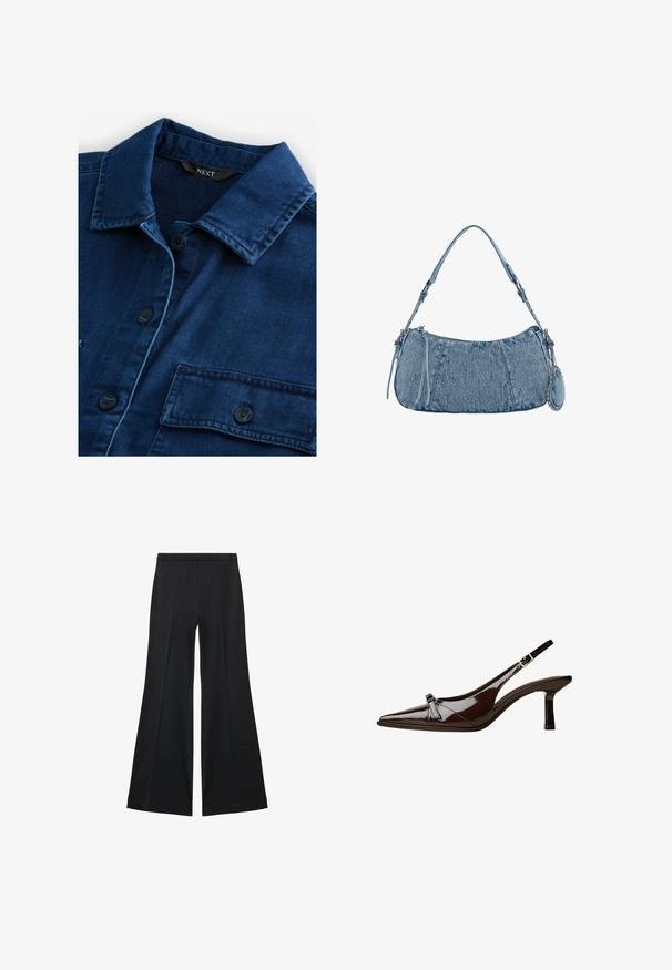 Dark blue denim shirt featuring a classic collar, front button closure, and two chest pockets with black buttons and tonal stitching.; Black wide-leg pants with a smooth texture, featuring front pleats and a tailored design. The fabric is lightweight and flowy.; Brown patent leather slingback shoe with pointed toe, low heel, and a decorative bow accent on the front. Smooth, shiny texture.; Denim handbag with a curved shape, light blue color, adjustable shoulder strap, and a small detachable pouch with metallic accents.