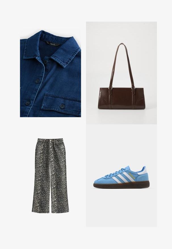 Granatowa koszula z denimu z klasycznym kołnierzem, zapięciem na guziki z przodu oraz dwiema kieszeniami na piersi z czarnymi guzikami i tonalnym przeszyciem.; Spodnie szerokie w panterkę wykonane z miękkiego materiału, z wysokim stanem, pięcioma kieszeniami i metalowym zapięciem.; Jasnoniebieskie zamszowe trampki z białymi skórzanymi paskami, brązową teksturowaną podeszwą i złotym logo. Niskoprofilowy design z zaokrąglonym czubkiem.; Brązowa torebka z lakierowanej skóry o prostokątnym kształcie, z dwiema długimi rączkami i subtelnymi zaokrągleniami z przodu.