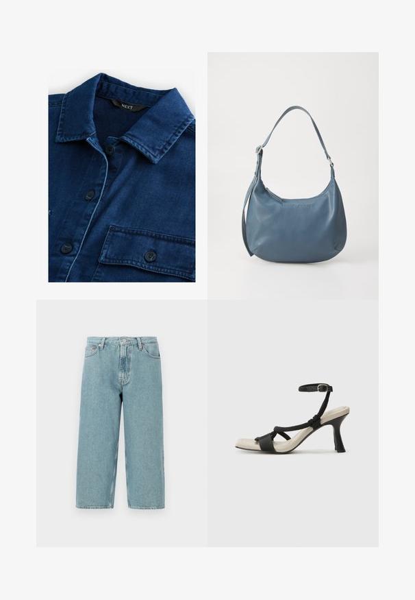 Dark blue denim shirt featuring a classic collar, front button closure, and two chest pockets with black buttons and tonal stitching.; Light blue denim shorts with a high waist, straight cut, and raw hem. Features a classic button and zipper closure, four pockets.; Black heeled sandal with braided strap design, square toe, and adjustable ankle strap. Light beige footbed with a glossy black heel.; Blue leather handbag with a rounded shape, single shoulder strap, zip closure, and embossed brand name on the front. Smooth texture.