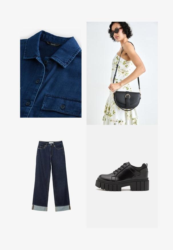 Tmavomodrá džínová košeľa s klasickým golierom, predným gombíkovým zapínaním a dvoma náprsními vreckami s čiernymi gombíkmi a tónovaným prešívaním.; Tmavo modré široké nohavice s vysokým pásom, s manžetami, kontrastným šitím a dizajnom s piatimi vreckami. Vyrobené z denimu.; Čierne kožené platformy s masívnym blokovým podpätkom, okrúhlou špičkou a tradičným šnurovaním. Má hladký povrch a minimálne detaily.; Čierna kožená kabelka s zaobleným tvarom, odnímateľným popruhom a zlatými doplnkami. Kabelka má klopu s detailom s prackou.