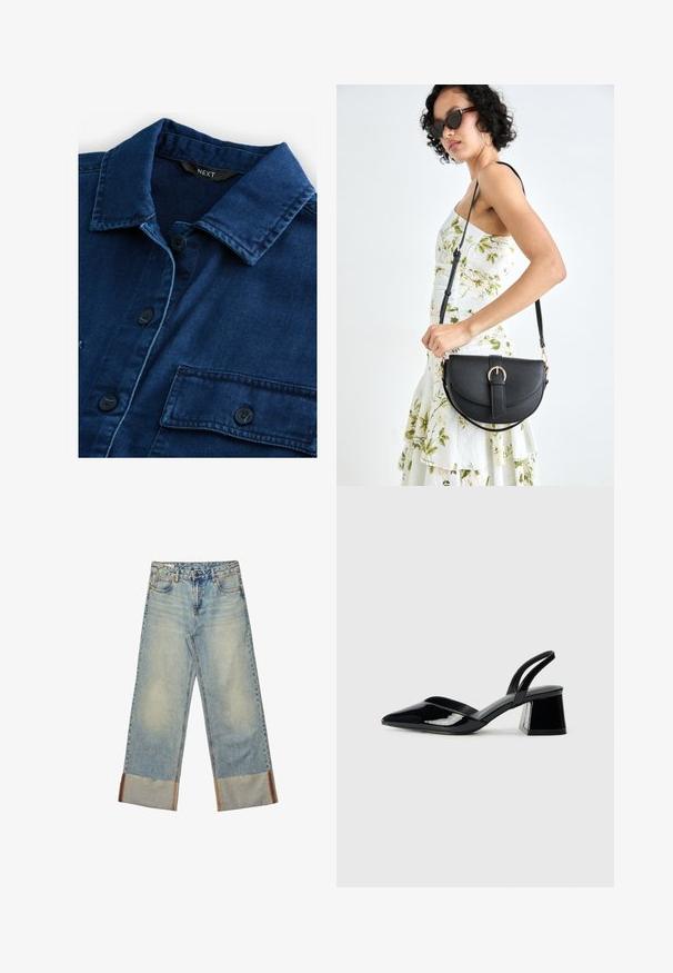 Tmavomodrá džínová košeľa s klasickým golierom, predným gombíkovým zapínaním a dvoma náprsními vreckami s čiernymi gombíkmi a tónovaným prešívaním.; Svetlé modré rifľové nohavice s širokými nohavicami, s rozstrapkaným lemom, kontrastným prešívaním a dizajnom s piatimi vreckami a so zapínaním na gombík.; Čierne lakované kožené sandálové podpätky s špicatou špičkou a geometrickým blokovým podpätkom. Disponujú elegantným, minimalistickým dizajnom a hladkým povrchom.; Čierna kožená kabelka s zaobleným tvarom, odnímateľným popruhom a zlatými doplnkami. Kabelka má klopu s detailom s prackou.