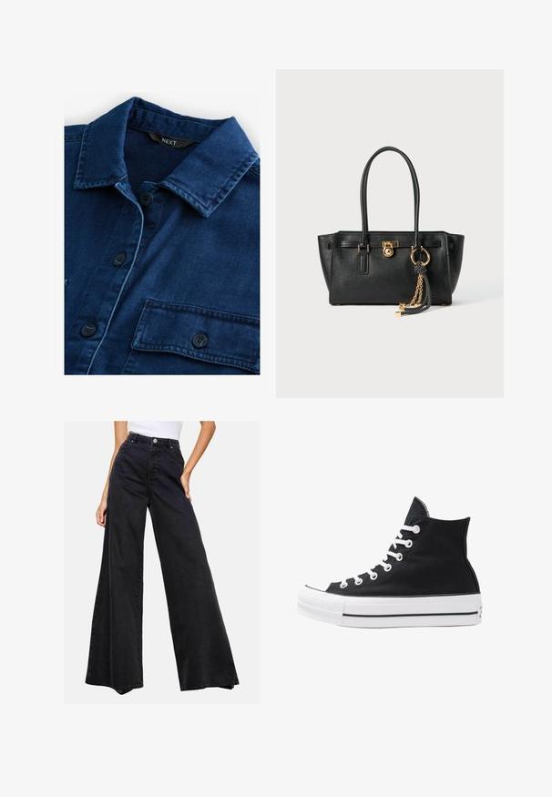 Mørkeblå denimskjorte med klassisk krave, frontknaplukning og to brystlommer med sorte knapper og tonede syninger.; Sorte brede jeans lavet af denim. Høj talje med knaplukning, med et enkelt design og ingen fremtrædende mønstre eller accenter.; Højtop sort lærredssko med hvide øjetter, snørebånd og gummisål. Har en tekstureret tåhætte og sorte og hvide stribe-accenter.; Sort læder skuldertaske med dobbelte håndtag, guld lås og kædedetalje samt sort-hvid kvast tilbehør mod hvid baggrund.