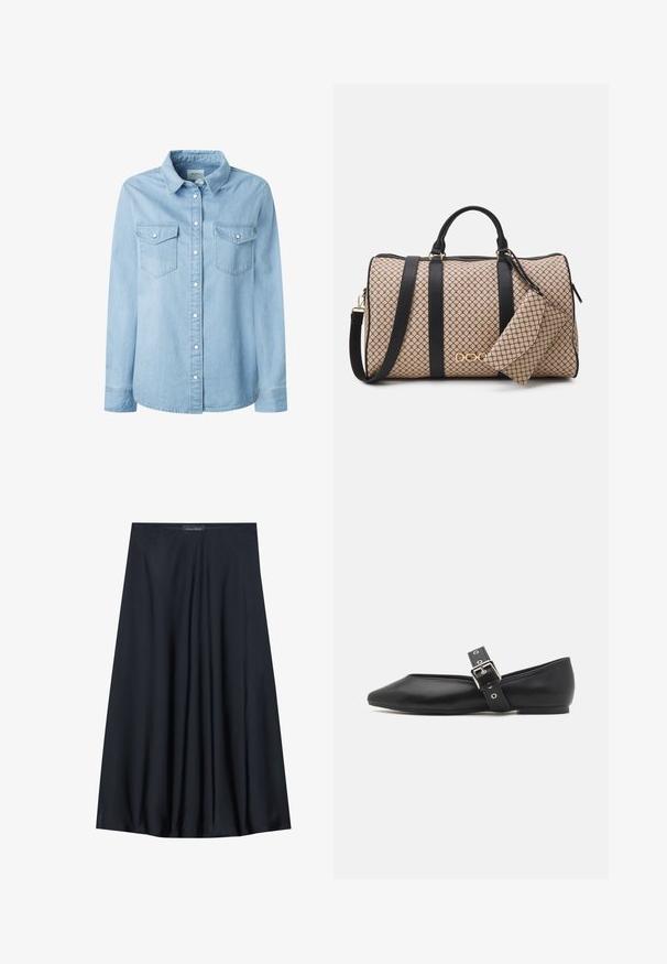 Light blue denim shirt with a classic collar, long sleeves, and two chest pockets. Features button front and sturdy stitching details.; Black, knee-length skirt made of lightweight fabric with a flowy design. Features a smooth texture and subtle pleats for added detail.; Black leather flat shoe with a pointed toe, side strap featuring a silver buckle, and a low heel. Smooth texture and minimalistic design.; Duffle bag with a beige patterned exterior, black leather straps, gold hardware, and a small matching pouch attached. Structured design.; Gold-tone rectangular wristwatch with a white dial, silver-tone hour markers, and a durable metal link bracelet. Water-resistant feature included.