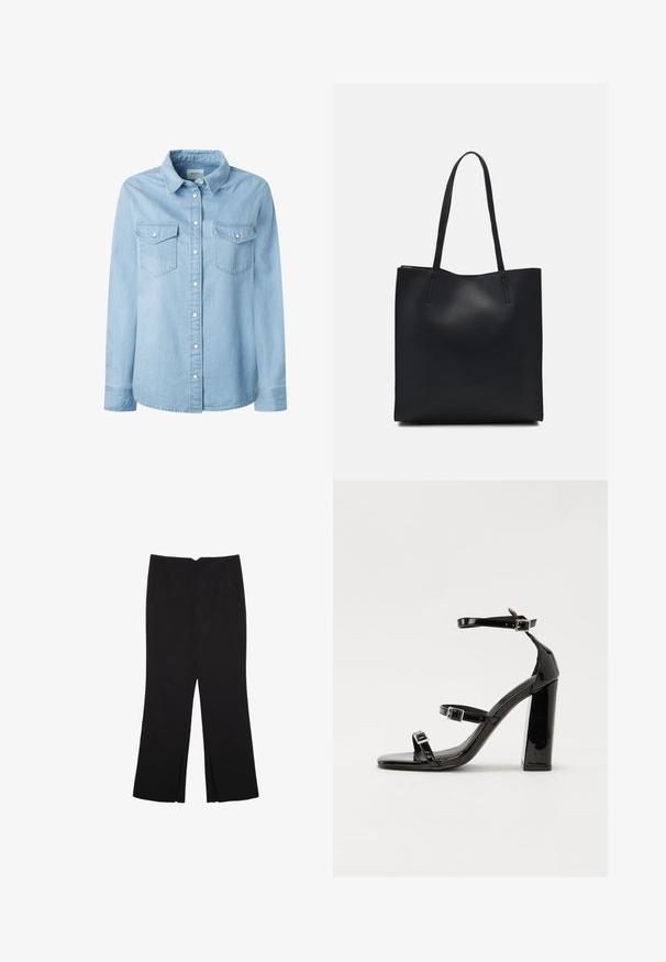 Hellblaues Denimhemd mit klassischem Kragen, langen Ärmeln und zwei Brusttaschen. Verfügt über eine Knopfleiste und robuste Nähdetails.; Schwarze Hose mit geradem Schnitt, ausgestattet mit Fronttaschen und Seitenschlitzen am Saum. Hergestellt aus weichem, glattem Stoff. Geeignet für verschiedene Anlässe.; Schwarze Lackleder-Sandalen mit hohen Absätzen, zwei Riemen mit Schnallen, quadratischer Zehenpartie und klobigem Blockabsatz, mit einer glatten, glänzenden Textur.; Schwarze Laptoptasche aus Leder mit glatter Textur, rechteckiger Form und zwei langen Griffen. Keine sichtbaren Beschläge oder Verzierungen.
