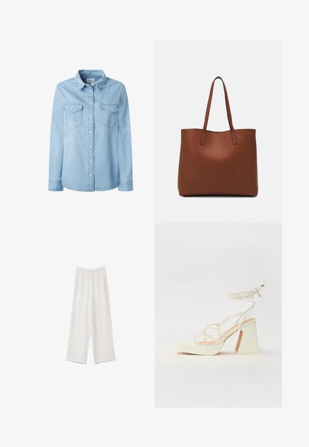 Ljust blå denimskjorta med klassisk krage, långa ärmar och två bröstfickor. Har knappstängning framtill och robusta sömnadsdetaljer.; Vita vida byxor i vid passform gjorda av ett lättviktsmaterial. Har en elastisk midja med dragsko och sidofickor. Slät textur.; Vit högklackad sandal med en kraftig klack, med ett remdesign och ankelband. Slät textur med en plattform framtill för ökad höjd.; Brun läder tote-väska med en slät textur, öppen toppdesign och två axelremmar. Har minimal söm och ingen synlig metalldetalj.