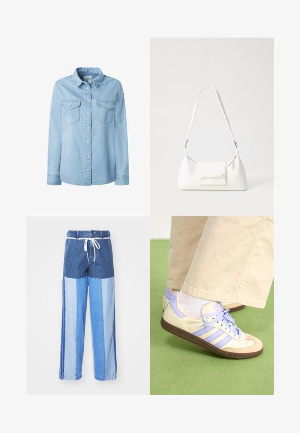 Camisa de denim azul claro con cuello clásico, mangas largas y dos bolsillos en el pecho. Presenta un cierre frontal de botones y detalles de costura resistentes.; Pantalones de denim azul con un diseño de patchwork en diferentes tonos de azul, cintura con cordón y piernas sueltas de corte recto.; Zapatillas de crema y lavanda con tres rayas y una suela marrón texturizada, que cuentan con cordones y un talón acolchado. Parte superior de tela suave.; Bolso sintético blanco con forma triangular, tapa frontal plana y detalle de lazo, correa ajustable, textura suave y diseño minimalista.