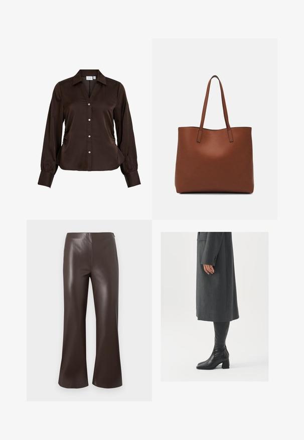 Brown, long-sleeve blouse with a collared neckline, button front, and gathered detailing at the sides. Smooth, satin-like fabric.; Brown faux leather flared pants with a high waist and smooth texture, featuring a clean, tailored design and wide leg openings.; Gray, tailored overcoat with a straight cut; paired with knee-high black leather boots featuring a square toe and chunky heel.; Brown leather tote bag with a smooth texture, open top design, and two shoulder straps. Features minimal stitching and no visible hardware.