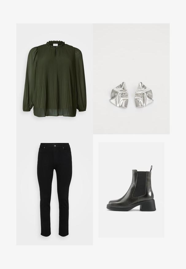 ONLY Carmakoma CARPIONA BLOUSE - Tunika - rosin; Svarta denimjeans med slim fit, femficksdesign, framknäppning och lätt stretch för komfort. Platt, slät textur med minimal detaljering.; Svarta läderankelboots med en slät yta, elastiska sidopaneler och en kraftig klack. Har en dragflik för enklare påtagning.; Silverfärgade metallörhängen med en vågig, skulptural design som har en polerad yta och oregelbundna former, vilket framhäver en samtida estetik.