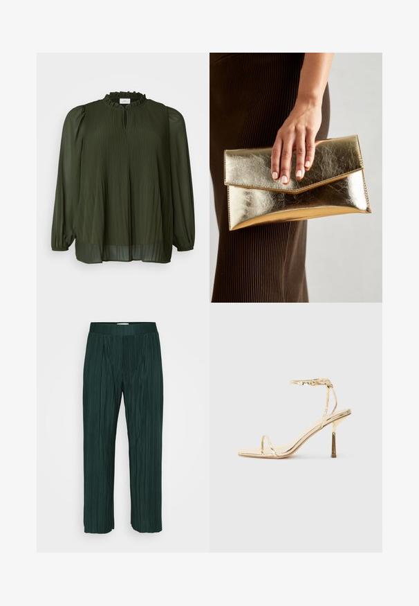 ONLY Carmakoma CARPIONA BLOUSE - Tunika - rosin; Sötétzöld, pliszírozott, széles szárú nadrág, elasztikus derékkal, sima fehér háttér előtt bemutatva.; Aranyszínű, fényes felületű, magas sarkú szandál, négyzet alakú orral, vékony bokapánttal és elegáns, minimalista kialakítással.; Arany fémes clutch táska sima textúrával, háromszög alakú csattal. A kéz, amely tartja, szépen manikűrözött körmökkel rendelkezik.