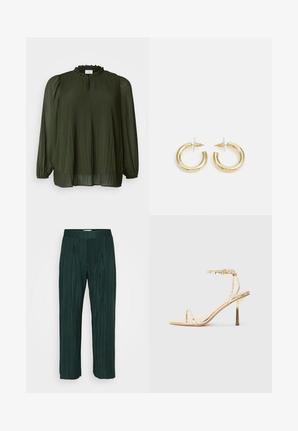ONLY Carmakoma CARPIONA BLOUSE - Tunika - rosin; Tummanvihreät laskostetut leveät housut, joissa on elastinen vyötärö, esillä yksinkertaisella valkoisella taustalla.; Kultaiset metalliset korkokengät, joissa on neliön muotoinen varvas, ohut nilkkahihna ja tyylikäs, minimalistinen muotoilu kiiltävällä pinnalla.; Kultaketjut kullasta, joissa on sileä, kiiltävä pinta. Pyöreä muotoilu, jossa on pieni tappi ja kirkas taustalevy turvalliseen käyttöön.
