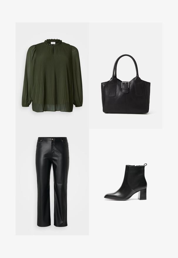 ONLY Carmakoma CARPIONA BLOUSE - Tunika - rosin; Melnas mākslīgās ādas bikses ar taisnu griezumu, ar jostas cilpām, priekšpogu kabatām un rāvējslēdzēju ar pogu aizdari. Gluda tekstūra.; Melnas ādas potītes zābaks ar noapaļotu purngalu, vidēja augstuma bloku papēdi un aizdari aizmugurē. Gluda tekstūra, minimāls dizains.; Melnas ādas somiņa ar gludu tekstūru, strukturētu formu, divām rokturām un izteiktu sudraba sprādzi priekšpusē.