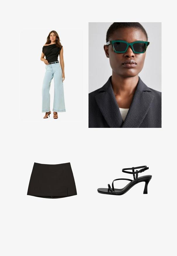 Černý top s odhalenými rameny, světle modré široké džíny a černý pás. Modelka má na sobě černé sandály na vysokém podpatku s hladkým povrchem.; Černá minisukně z hladké látky, s rovný střihem, bočními rozparky a čistým lemem. Jednoduchá a univerzální.; Černé kožené sandály na podpatku s tenkými pásky, čtveratou špičkou a jehlovým podpatkem. Nastavitelný pás kolem kotníku pro lepší přizpůsobení. Hladký povrch.; Zelené sluneční brýle se vzorem a geometrickým rámečkem; tmavé čočky; model má na sobě texturovanou černou sako přes světlý top.; Černá syntetická taška přes rameno s zakřivenou siluetou, strukturovaným povrchem, zlatým trojúhelníkovým logem a odnímatelnými kovovými akcenty.