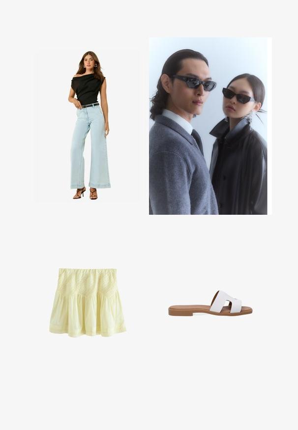 Schwarzes schulterfreies Top, hellblaue weite Jeans und schwarzer Gürtel. Das Model trägt schnürbare schwarze Absätze mit glatter Textur.; Gelber, gestufter Rock aus leichtem Stoff. Verfügt über eine geraffte Textur und dekorative Nähte entlang des Taillenbunds und des Saums.; Weiße Sandale mit zwei ausgeschnittenen Riemen, glattem Synthetik-Obermaterial, flacher brauner Sohle, leichtem Design und minimalistischem Stil.; Sonnenbrille mit eckigen schwarzen Rahmen, getragen von einem Modell mit einem grauen Pullover, der ein strukturiertes Strickmuster zeigt, sowie einer schwarzen Lederjacke, die von einem anderen Modell getragen wird.