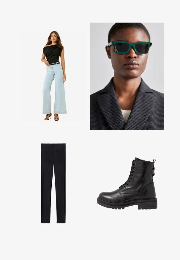 Sort off-shoulder top, lys blå vide jeans og sort bælte. Modellen bærer strappy sorte højhælede sko med en glat overflade.; Sorte leggings lavet af strækbart stof; har en glat overflade, fuld længde design og en elastisk talje uden synlige sømme.; Sort læder ankelstøvle med rund tå, snørebånd foran og struktureret gummisål. Har en hanke bagpå og forstærket syning.; Grønne og mønstrede solbriller med en geometrisk ramme; mørke linser; modellen bærer en struktureret sort blazer over en lys top.; Sort syntetisk skuldertaske med en buet silhuet, tekstureret overflade, gyldent trekantet logo og aftagelige hardware-detaljer.