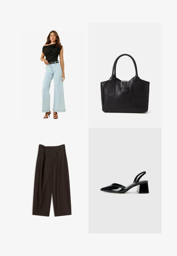 Črni top brez naramnic, svetlo modri široki kavbojke in črn pas. Model nosi črne sandale na zanko z gladko teksturo.; Temno rjave široke hlače z visokim pasom, ki imajo en gumb za zapiranje in zamaščen sprednji del. Narejene so iz lahkega blaga.; Črne lakirane slingback pete s koničastim nosom in geometrijsko blokasto peto. Imajo eleganten, minimalističen dizajn in gladko teksturo.; Črna usnjena torba s gladko teksturo, strukturirano obliko, dvema ročkama in izrazitim srebrnim sponko na sprednji strani.