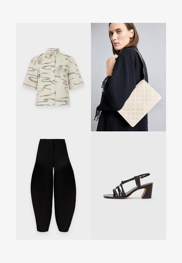Short-sleeve shirt in cream cotton featuring black line patterns and abstract green and beige accents. Button-up front with a collar.; Black wide-leg trousers with a high waist, pleated front, and tapered ankles. Made from smooth fabric with a matte finish.; Paul Smith AMIRA - Classic heels - black; Beige patterned shoulder bag with a structured shape, featuring a brown textured strap. Worn on a model against a gray background.