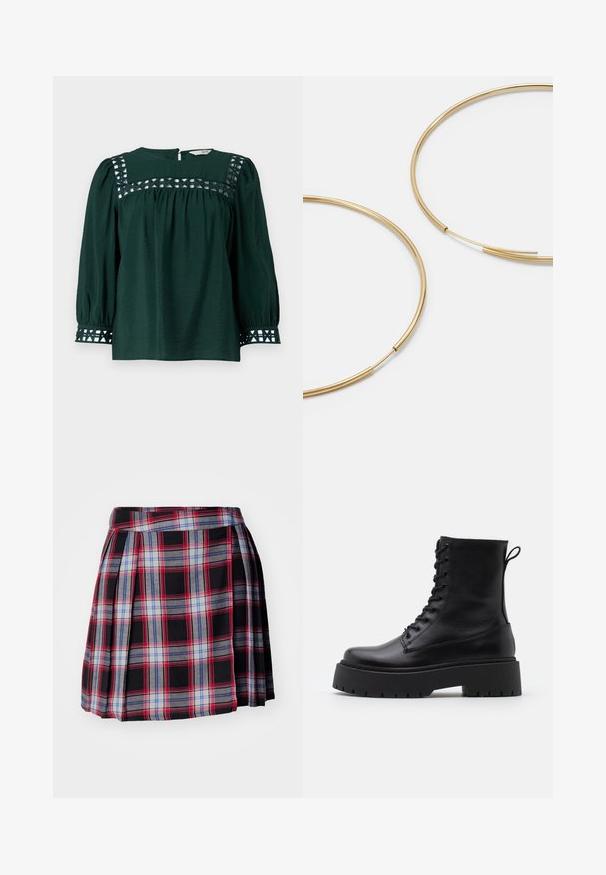 Tumed roheline pluus pikkade puff-varrukatega, tekstuuriga kangast ning dekoratiivsete lõikelehtede ja mansettide jaoks. Võtmeaugu tagasulgur.; Mustra mustriga mustkaitse punaste, siniste ja hallide ruutudega, pleatide ja lamedate vöökohtadega, et saavutada struktureeritud sobivus. Pehme kangast tekstuur.; Mustad mustad nahast pahkluu saapad ümarate varvastega, nööridega esiosas ja paksu kummist talla ning tekstuuritud mustriga. Tagumine tõmbeaas.; Kulla värvi nõelad, õhukesed ja ümmargused, millel on sile metallist pind ja ilma kaunistuste või mustriteta.