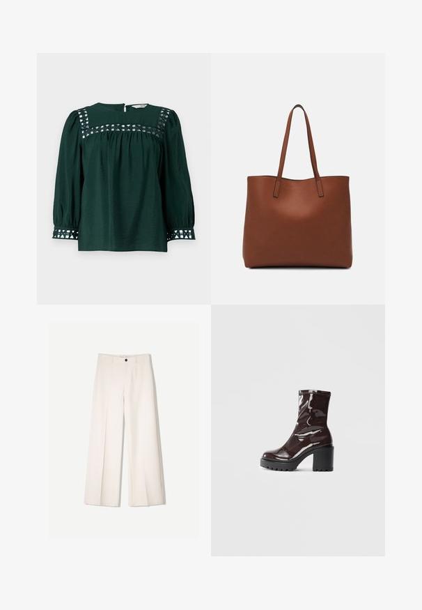 Blusa verde scuro con maniche lunghe a sbuffo, tessuto testurizzato e ritagli decorativi sullo scollo e sui polsini. Chiusura a chiave sulla schiena.; Pantaloni larghi color crema con design sartoriale, dotati di due tasche frontali e una chiusura con bottone anteriore, realizzati in tessuto liscio.; Stivale alla caviglia bordeaux lucido con un tacco spesso nero, caratterizzato da una superficie liscia e un design semplice. Nessuna chiusura visibile o motivo.; Borsa tote in pelle marrone con texture liscia, design con apertura superiore e due spallacci. Presenta cuciture minime e nessun hardware visibile.