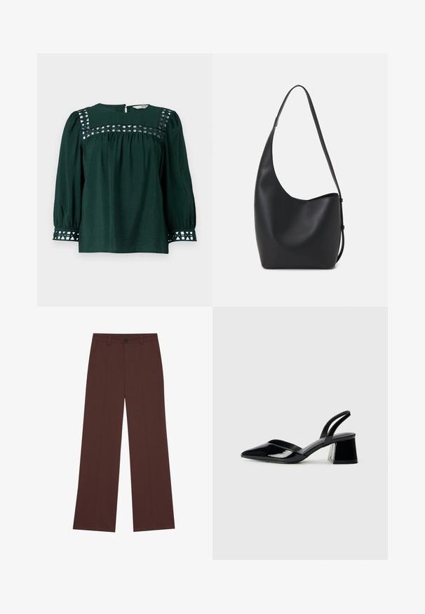 Mörkgrön blus med långa puffärmar, strukturerad tyg och dekorativa utskärningar på oket och manschetterna. Nyckelhålsslutning bak.; Breda byxor i ett rikt brunt tyg. Har en knappstängning, två framfickor, slät textur och rena linjer.; Svarta lackläder slingback klackar med spetsig tå och geometrisk klack. Har en elegant, minimalistisk design och slät yta.; Svart läder hobo-väska med en slät textur, kurvig form och en justerbar axelrem; har en bred öppning upptill.