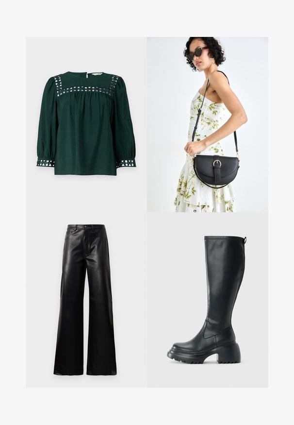 Sötétzöld blúz hosszú puffos ujjal, texturált anyagból, díszes kivágásokkal a nyakkivágásnál és a mandzsettáknál. Kulcslyuk stílusú hátsó zárás.; Fekete, magas derekú, széles lábú, műbőr nadrág elülső gombbal, cipzárral, övbújtatókkal és oldalsó zsebekkel, fehér háttérrel.; Magas fekete bőrcipő, vastag platform talppal és blokk sarokkal, húzófüllel és texturált profillal az outsole-on.; Fekete bőrtáska ívelt formával, levehető pánttal és arany színű fémrészekkel. A táskán egy csattal díszített fedél található.