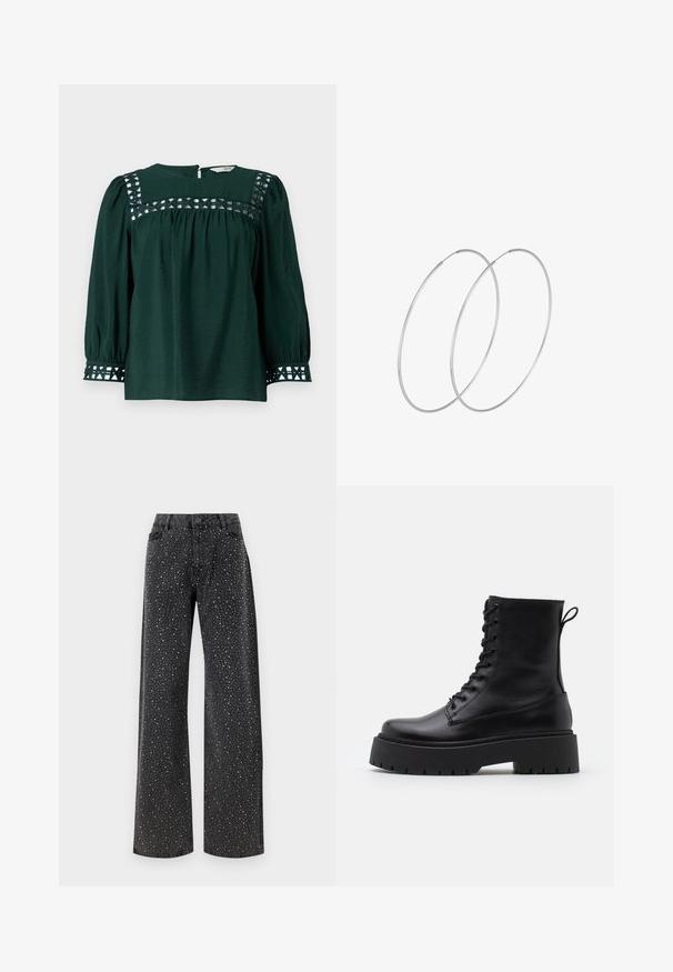 Blusa verde scuro con maniche lunghe a sbuffo, tessuto testurizzato e ritagli decorativi sullo scollo e sui polsini. Chiusura a chiave sulla schiena.; Noisy May NMJANNEL LOOSE - Jeans baggy - black denim; Stivaletti in pelle nera alla caviglia con punta rotonda, lace-up frontale e suola in gomma spessa con battistrada textured. Tassello sul retro.; Orecchini a cerchio in argento con un design minimalista. Forma circolare, superficie liscia e profilo sottile. Leggeri con una finitura lucida.