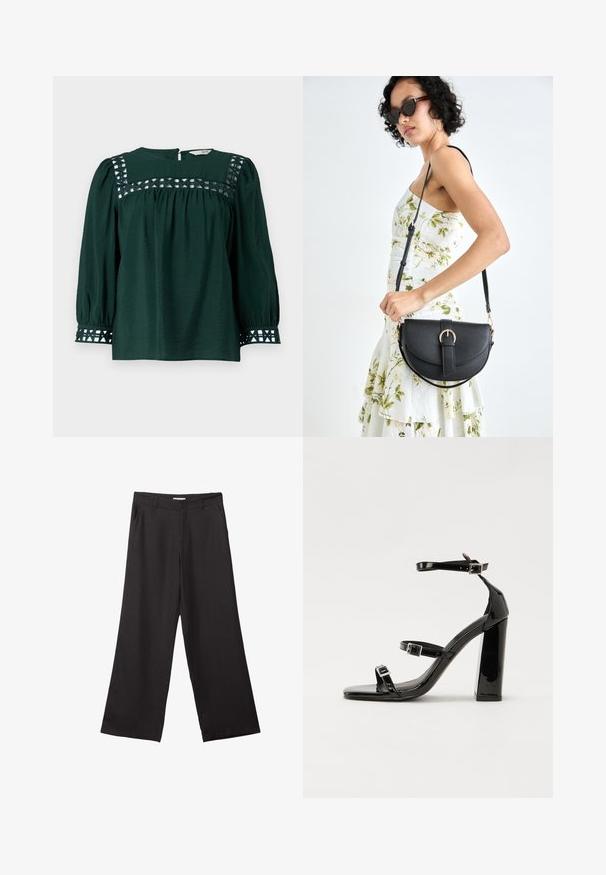 Temno zelena bluzo z dolgimi napihnjenimi rokavi, teksturirano blago in dekorativnimi izrezi na yoku in manšetah. Zapiranje na hrbtni strani z režo.; Črne široke hlače iz gladkega materiala, z sprednjim zadrgo in dvema stranskima žepoma, s prilagojenim krojem in minimalističnim dizajnom.; Črne lakirane sandale s peto, kvadratnim prstom, trakovi okrog gležnja in srebrnimi zaponkami. Opremljene so s stabilno Debelo peto.; Črna usnjena torbica s ukrivljeno obliko, z odstranljivo naramnico in zlatimi dodatki. Torbica ima pokrov s podrobnostmi v obliki zaponke.