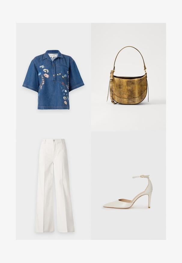 Denim majica kratek rokav s ovratnikom; vsebuje cvetlične vezenine v roza, modri in beli barvi; vključuje žep na prsih in gumbne detajle.; Bele široke hlače iz bombaža z gladko teksturo. Imajo gumb spredaj, zadrgo in zasnovo z štirimi žepi.; Bela usnjena čevlja na visoki peti z ozkim prstom, trakom okoli gležnja in tanko stiletto peto. Gladka tekstura z rahlim sijočim finišem.; Vanessa Bruno MINI DAILY BAG - Torba čez telo - camel