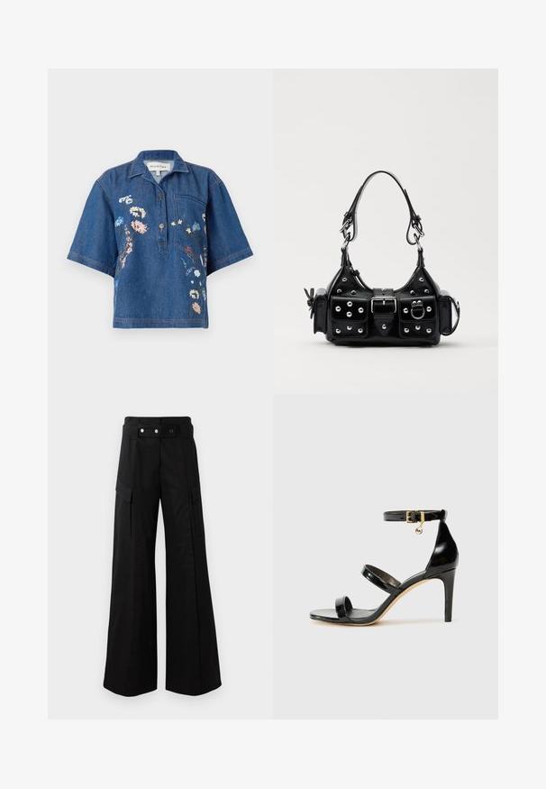 Denim short-sleeve shirt with a collared neck; features floral embroidery in pink, blue, and white; includes one chest pocket and button detail.; Black wide-leg pants with a high waistband, featuring large side pockets, two front buttons, and a loop detail. Made from sturdy fabric.; Black patent leather sandal with three straps, ankle buckle, and 4-inch stiletto heel. Features gold hardware detail and logo charm.; Black leather handbag with a curved design, featuring silver studs, a buckle, and two side pockets. Adjustable strap for carrying options.