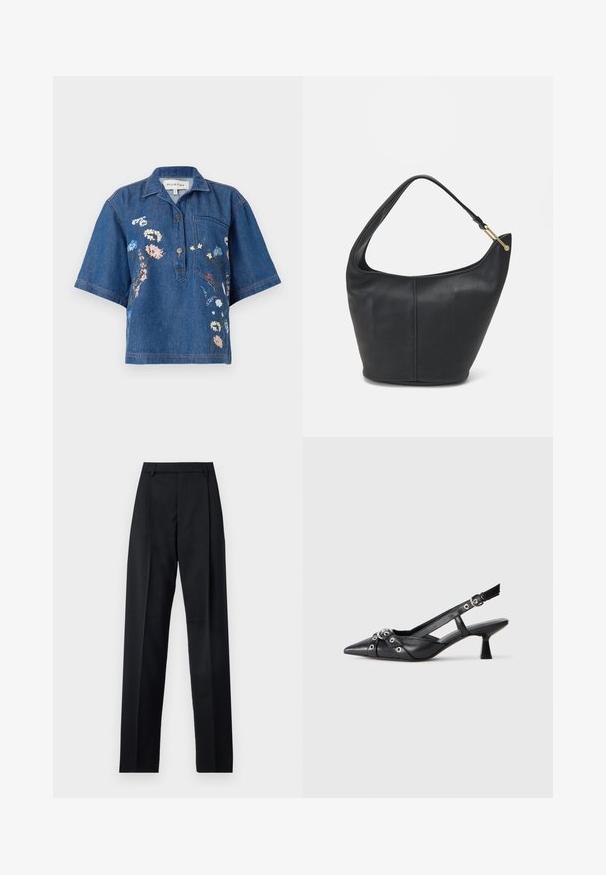Denimkortärmad skjorta med krage; har blommönster i rosa, blått och vitt; inkluderar en bröstficka och knapprad.; Svarta byxor i mjukt tyg med hög midja, vida ben, framfickor och klassiska bältesöglor. Inga sidofickor synliga.; Svart lädersko med slingback-design, spetsig tå, dekorativa remmar med metallöglor och en låg klack. Texturerad yta.; Svart läderhandväska med rundad form, bred axelrem och texturerad yta. Har en diskret sömdetalj och accenter i guldton.