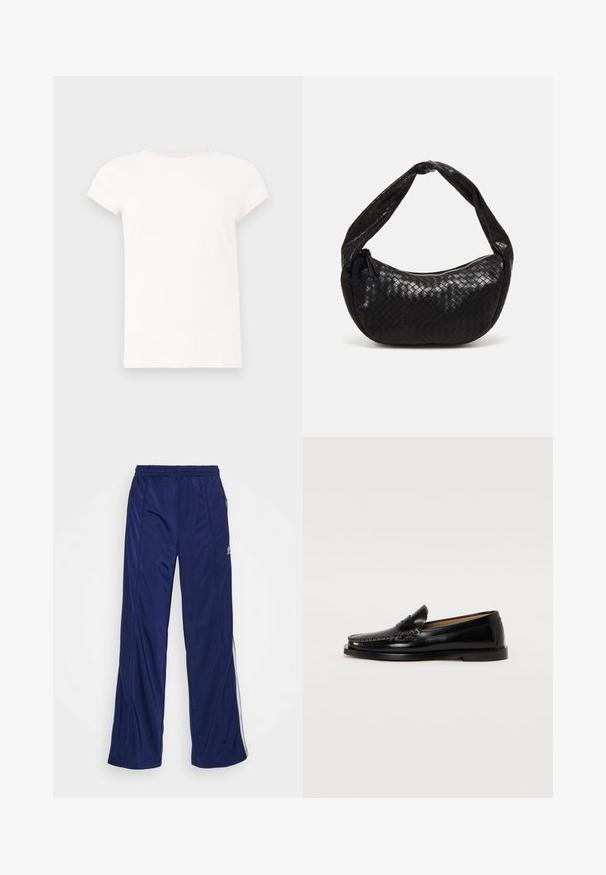 Bijela majica kratkih rukava s okruglim izrezom i glatkom pamučnom teksturom. Jednostavan dizajn bez uzoraka ili akcenta.; Morske atletske hlače s elastičnim pojasom, ravnim nogavicama i bočnim municijama. Sadrže bijeli rub duž strana. Glatka tekstura tkanine.; Crne kožne loafers cijevnog oblika s zaobljenim prstom, ukrasnim šavovima i ravnim đonom. Glatka tekstura i minimalistički dizajn.; Crna torba od pletene kože s zakrivljenim oblikom, koja ima debelu ručku i zatvaranje na patentni zatvarač. Teksturirana površina s sjajnim završetkom.