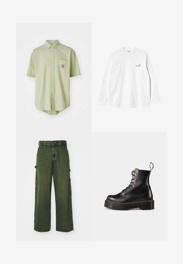 Rövid ujjal ellátott, világoszöld ing texturált mintával, hegyes gallérral, elülső zsebbel és négyzet alakú logópöttyel a mellen.; Hosszú ujjú fehér pamut póló, kerek nyakkal, bal mellen egy kis sárga és bordó logóval. Zökkenőmentes mandzsetták és szegély.; Zöld farmer cargo nadrág széles lábakkal, oldalsó zsebekkel, megkopott felületű, klasszikus gombos és cipzáras záródással.; Fekete bőrből készült, fűzős bokacsizma masszív fekete talppal és sárga varrással. Hátsó húzófüllel és kör alakú fémszemekkel rendelkezik.