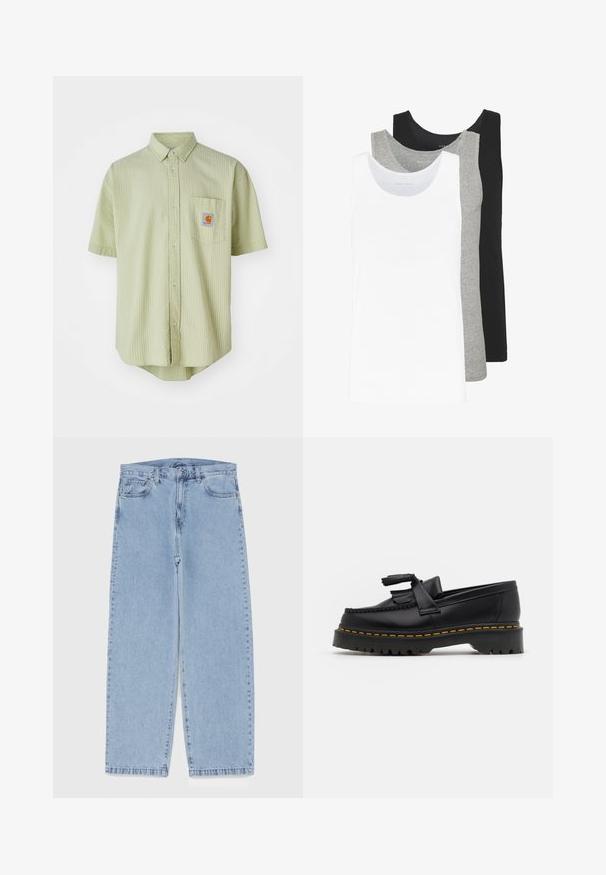 Chemise à manches courtes de couleur vert clair avec un motif texturé, un col pointu, une poche frontale, et un patch logo carré sur la poitrine.; Trois débardeurs en blanc, gris et noir. Chacun présente un design classique sans manches, fabriqué en coton léger avec une texture côtelée.; Jean en denim bleu clair avec une coupe droite, présentant une taille mi-haute, cinq poches, et une fermeture à bouton et à fermeture éclair.; Mocassin en cuir noir avec un accent à frange, doté d'une semelle épaisse noire et d'une couture jaune le long du bord. Fini texturé.