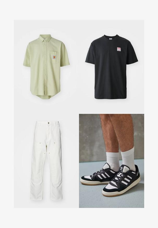 Šviesiai žalia trumpomis rankovėmis marškiniai su tekstūruota raštų, smailiu apykakle, priekiniais kišenės ir kvadratiniu logotipo užkliju ant krūtinės.; Juodas medvilnės marškinėliai su apvaliu kaklu, trumpomis rankovėmis ir mažyte spalvota etikete kairėje krūtinės pusėje, ant kurios užrašyta "SUPERIOR."; Balti medvilniniai kargo džinsai su laisvu siluetu. Ypatybės apima priekines kišenes, auksinius apdailos elementus ir sustiprintas kelio dalis.; Juodos ir baltos sportinės bateliai su zomšiniu ir odiniu viršumi, su trimis baltomis juostelėmis, perforuota koja ir guminėmis padais.