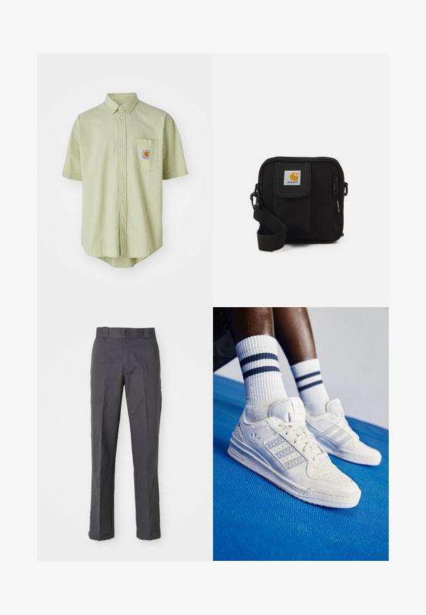 Camisa de manga corta de color verde claro con un patrón texturizado, cuello puntiagudo, bolsillo frontal y un parche de logo cuadrado en el pecho.; Pantalones oscuros de algodón con un diseño de pierna recta, bolsillos delanteros y un cierre de botón en la cintura.; Zapatillas de cuero blancas con acentos perforados, tres franjas metálicas y un panel lateral texturizado. Llevadas con calcetines blancos con rayas azules.; Bolso bandolera negro con un compartimento principal con cremallera, bolsillo frontal, correa ajustable y un parche de logo visible en la tapa.