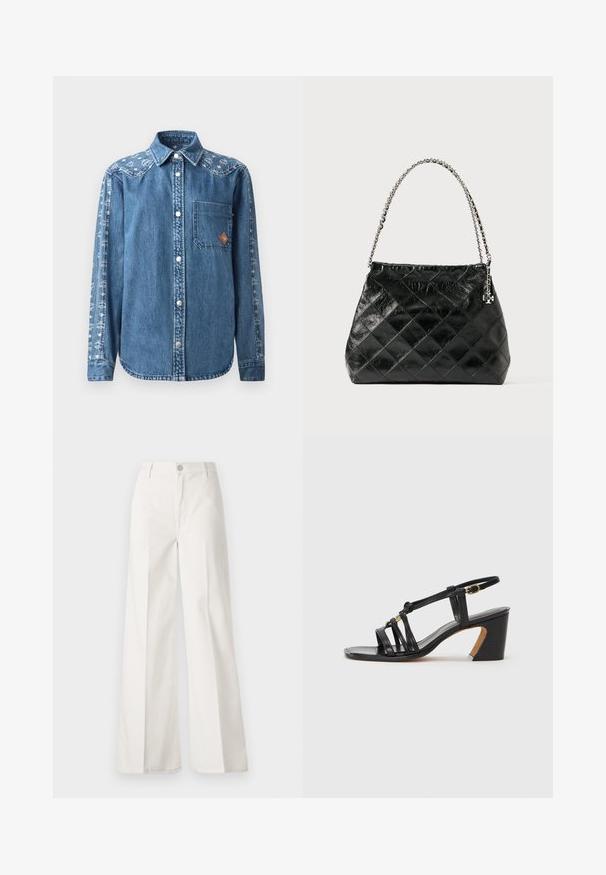 Denim shirt in blue with button front, single chest pocket, and decorative pattern on sleeve. Features snap buttons and a pointed collar.; White wide-leg trousers made from cotton with a smooth texture. Features a front button, zipper fly, and four-pocket design.; Paul Smith AMIRA - Classic heels - black; Black quilted leather handbag with a silver chain handle, featuring a structured design and smooth texture.