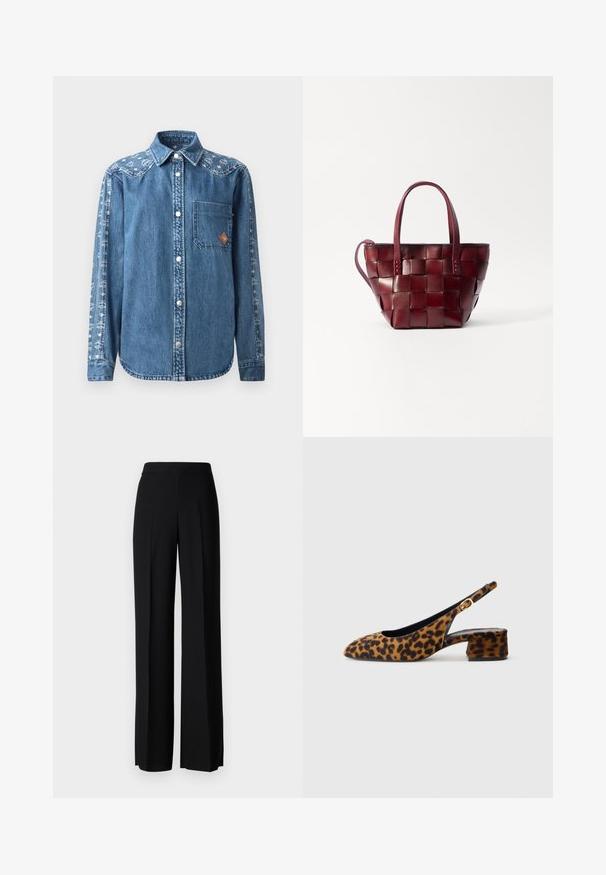 Blaue Denim-Bluse mit Knopfleiste, einer einzelnen Brusttasche und dekorativem Muster an den Ärmeln. Verfügt über Druckknöpfe und einen spitzen Kragen.; Schwarze weite Hosen mit einer glatten Textur, ausgestattet mit einem hohen Bund und mittleren Falten. Keine sichtbaren Muster oder Hardware-Details.; Damen-Slingback-Schuhe mit Leopardenmuster, niedrigem Blockabsatz und goldener Schnalle am Seitenriemen, im Seitenprofil auf einem schlichten Hintergrund dargestellt.; Geflochtene bordeauxfarbene Lederhandtasche mit zwei kurzen Griffen und einem abnehmbaren Schultergurt. Sie hat eine strukturierte Form und eine glatte Textur.