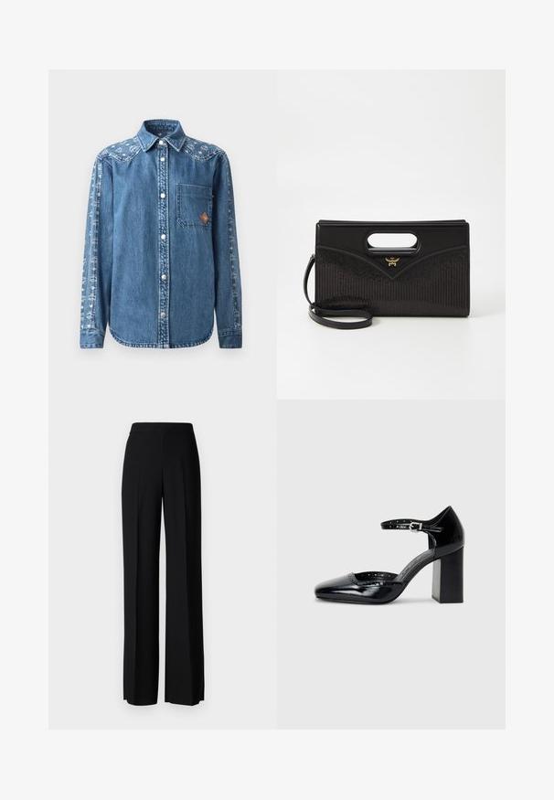 Zilišo krekls zilā krāsā ar pogu priekšpusi, vienu krūšu kabatu un dekoratīvu rakstu uz piedurknes. Iespējas ietver snap pogas un norādītu apkakli.; Melni platleği bikses ar gludu tekstūru, ar augstu jostasvietu un centrālajām krokām. Nav redzamu rakstu vai aparatūras detaļu.; Melna lakota ādas augstpapēžu kurpes ar kvadrātu purngalu, potītes siksniņu un masīlu papēdi. Iekļauj perforētu apdari gar malu.; Melnā somiņā ar strukturētu formu, ar augšējo rociņu, gludas ādas ārpusi un teksturētu audumu ar svītrām. Zelta aksesuāri.