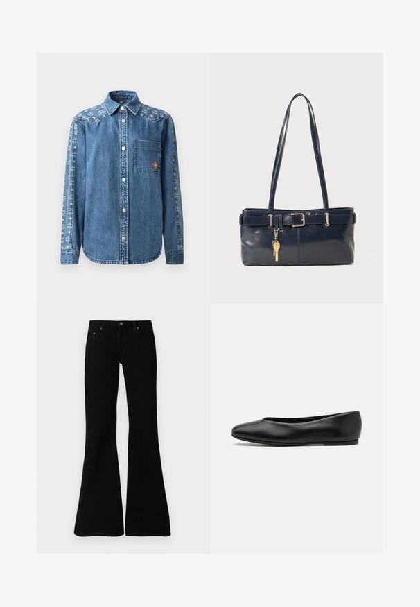 Camicia di denim blu con chiusura a bottoni, taschino singolo sul petto e motivo decorativo sulle maniche. Presenta bottoni a scatto e colletto a punta.; Jeans neri a zampa d'elefante realizzati in denim, con un classico design a cinque tasche, chiusura con bottone e dettagli di cucitura sottili lungo le cuciture.; Paul Smith TOPANGA - Ballerine - black; Borsa a mano in pelle blu con due manici lunghi, un dettaglio con fibbia e un portachiavi attaccato. Presenta una texture liscia e una forma rettangolare.