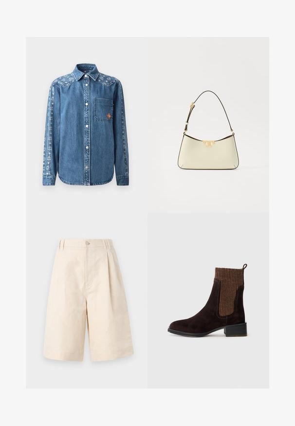 Džínová košile modré barvy s knoflíkovým zapínáním, jednou náprsní kapsou a dekorem na rukávě. Obsahuje patentní knoflíky a špičatý límec.; Béžové lněné šortky s uvolněným střihem, opatřené zapínáním na knoflíky, plisovaným designem a délka ke kolenům. Hladká textura a jednoduchý styl.; Hnědé semišové kotníkové boty s texturovaným hnědým žebrovaným úpletem, hladkým povrchem, nízkým blokovým podpatkem a poutkem na patě pro snadné nazouvání.; Kožená kabelka v krémové barvě s oblým tvarem. Obsahuje akcent s logem ve zlatém odstínu a tenkým, nastavitelným tmavým popruhem.