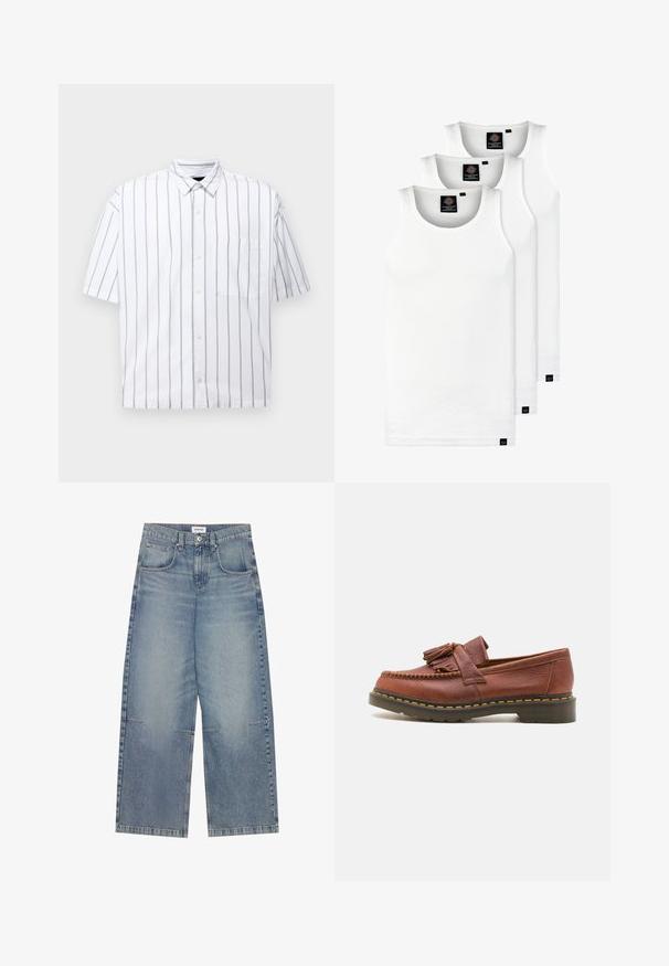 Camisa de botones de manga corta en blanco con finas rayas verticales grises. Cuenta con un bolsillo en el pecho y un cuello clásico. Material de algodón suave.; Tres camisetas sin mangas de algodón de color blanco con canalé. Cuentan con cuello redondo y pequeñas etiquetas negras cerca del dobladillo. Disponibles en múltiples tamaños.; Vaqueros de pierna ancha de color azul claro, confeccionados en denim, con una cintura alta, cinco bolsillos y costuras visibles, con un acabado casual y desgastado.; Mocasines de cuero marrón con acentos de borlas, superficie texturizada y costura amarilla en contraste a lo largo de la suela de goma negra. Vista lateral.