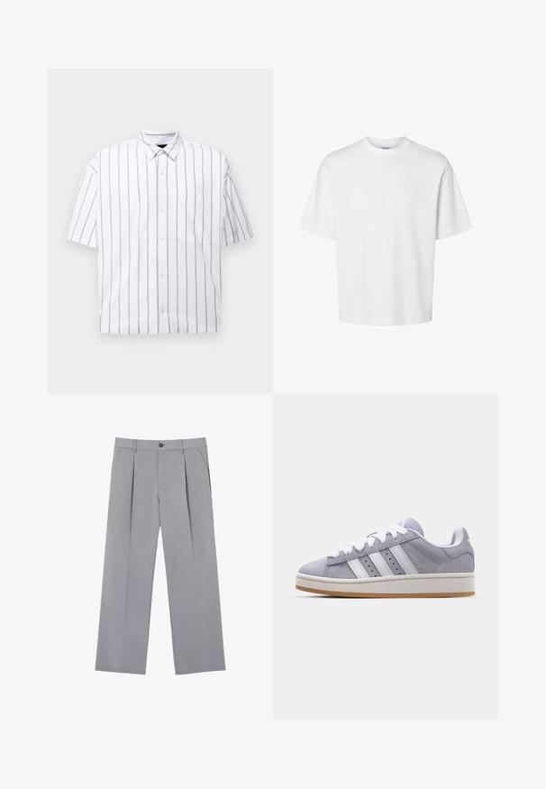 Kortærmet skjorte med knapper i hvid med tynde lodrette grå striber. Har en brystlomme og en klassisk krave. Glat bomuldsstof.; Hvid bomulds T-shirt med korte ærmer, rund halsudskæring og en afslappet pasform. Glat tekstur uden synlige mønstre eller detaljer.; Grå plisserede bukser med en afslappet pasform, lavet af et letvægtsstof. Har forlommer og en knaplukning i taljen.; Grå ruskindssko med hvide striber, rund tå og gummisål. Har perforeringer på siden og en struktureret hælflap.