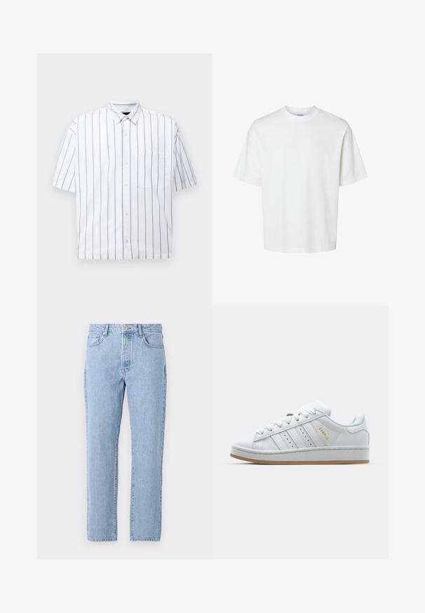 Short-sleeved button-up shirt in white with thin vertical gray stripes. Features a chest pocket and a classic collar. Smooth cotton material.; White cotton t-shirt with short sleeves, crew neckline, and a relaxed fit. Smooth texture with no visible patterns or accents.; Light blue denim jeans with a straight-leg design, five pockets, and a button-fly closure. Soft texture with a classic faded finish.; White sneaker with perforated three-stripe design, textured accents, a rubber sole, and "CAMPUS" logo in gold on the side.