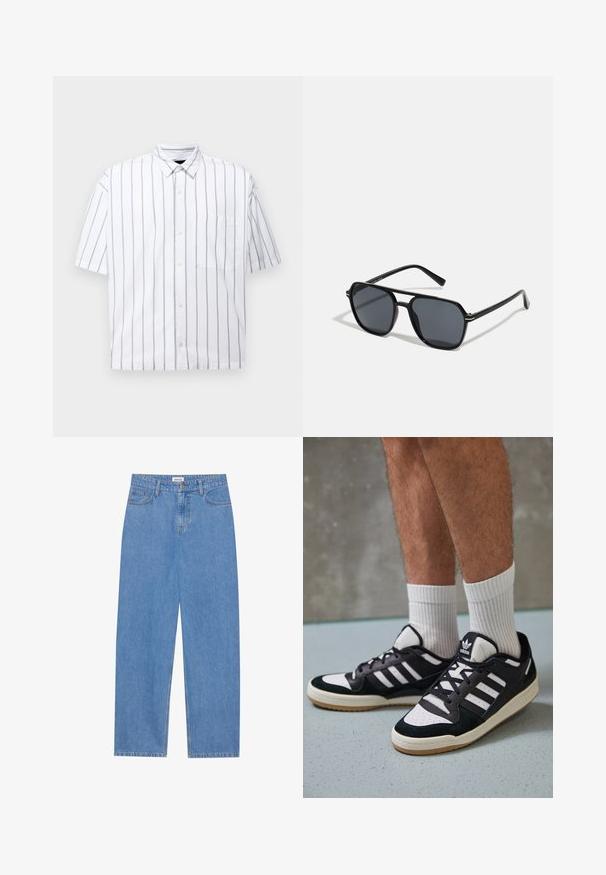 Košile s krátkým rukávem, bílé barvy s tenkými vertikálními šedými pruhy. Obsahuje náprsní kapsu a klasický límeček. Hladký bavlněný materiál.; Svetle modré džíny s rovnýma nohavicema, designem se pěti kapsami, zapínáním na jeden knoflík a jemnými detaily šití na švech.; Černobílé tenisky s vrchní částí z semišové a kožené kůže, včetně tří bílých pruhů, perforovaného špičky a podrážky z gumy.; Černé sluneční brýle s osmiúhelníkovým rámem, tmavými čočkami, lesklým povrchem, tenkými nožičkami a zlatými akcenty na přední části.