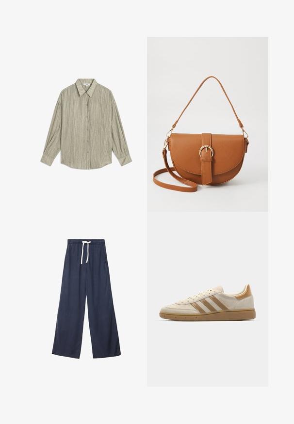 Lichtgroen overhemd met knopen, gemaakt van textuurstof. Heeft een puntige kraag en lange mouwen met knoopmanchetten. Dunne verticale strepen.; Navyblauwe broek met wijde pijpen, gemaakt van een zachte, gestructureerde stof. Voorzien van een elastische tailleband met een paarse koord en zijzakken.; Beige suède sneakers met lichtbruine accenten. Voorzien van drie bruine stripes, een textuur rubberen zool en een afgeronde neus.; Bruine leren schoudertas met een gebogen vorm, gouden hardware en een gespaccent. Bevat een afneembare schouderriem.
