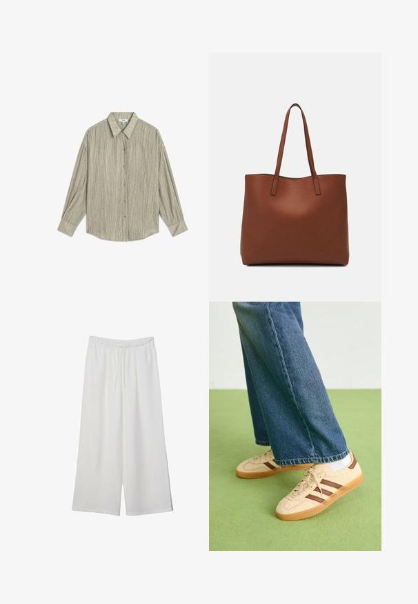 Light green button-up shirt made of textured fabric. Features a pointed collar and long sleeves with buttoned cuffs. Thin vertical stripes.; White wide-leg trousers made of lightweight fabric, featuring an elastic waistband and a drawstring for adjustable fit. Smooth texture.; Beige sneakers with textured cream panels and brown stripes, paired with blue denim jeans. The jeans have a wide leg and frayed hem.; Brown leather tote bag with a smooth texture, open top design, and two shoulder straps. Features minimal stitching and no visible hardware.