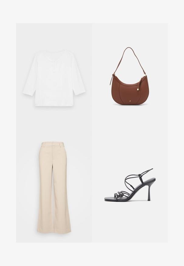 Valge, kolmeveerandikäistega, vabalt langev top, millel on ümmargune kaelus ja väike võtmeaugu avamine esiosas. Sujuv tekstuur, ilma mustriteta.; Beeži laiad püksid sujuva tekstuuriga, kõrgendatud vöökoht ja kaks eesmist taskut. Puhtas disain, mis on kohandatud sobivusega.; Mustad musta värvi kontsandaalid on varustatud peente rihmadega, millel on sõlmekujundus, siledad ruudukujulised varbad ja stiilne stilettokonts.; Pruun faux nahast õlaline kott, millel on kaarjas kuju, minimaalne õmblemine ja kuldse tooni metallist aksessuaar. Omab ülemist tõmblukku ja reguleeritavat rihma.
