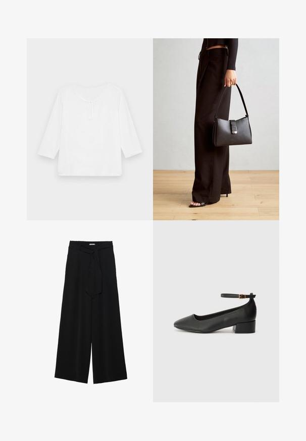 Weißes, locker geschnittenes Oberteil mit drei Viertelärmeln, runder Ausschnitt und einem kleinen Schlüssellochöffnungsdetail auf der Vorderseite. Glatte Textur, keine Muster.; Schwarze weite Hosen aus strukturiertem Stoff, mit elastischem Bund und einem abnehmbaren Bindegürtel in der Taille für eine verstellbare Passform.; Schwarze Lederpumps mit spitzem Zehenbereich und niedrigem Blockabsatz. Mit einem Knöchelriemen und einer goldfarbenen Schnalle. Glatte Textur.; Schwarze Handtasche mit strukturierter Form, glatter Textur und einem metallischen Verschluss. Kombiniert mit weiten schwarzen Hosen und offenen Sandalen auf einem Holzboden.